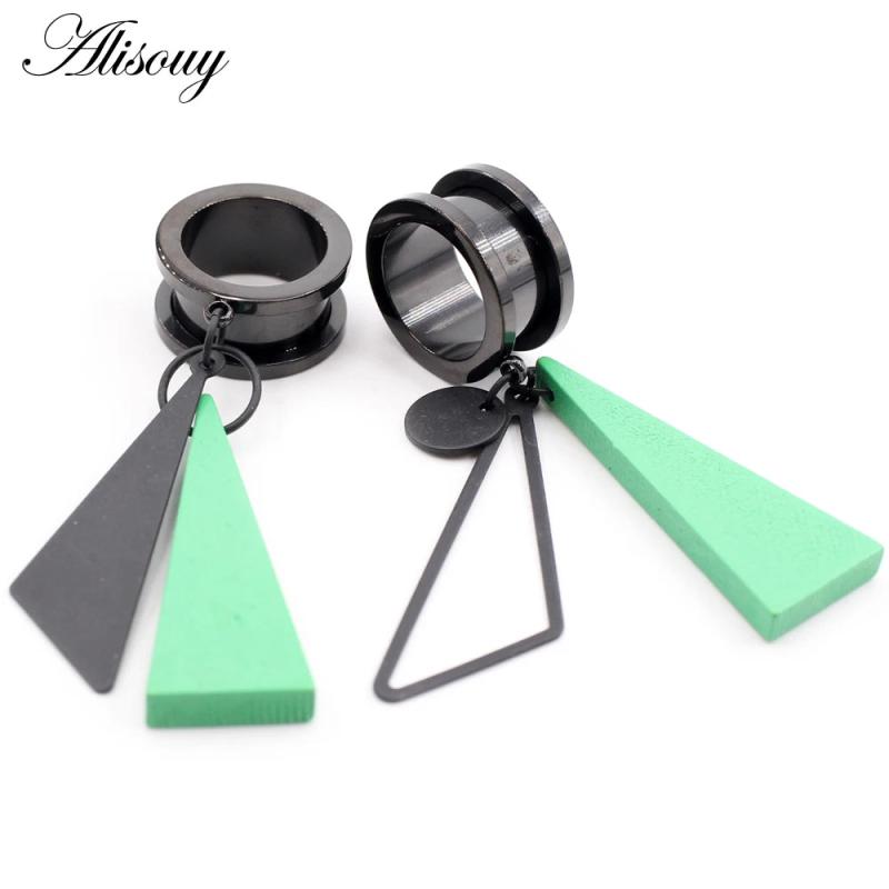Stainless Steel Roller Skating I-Shaped Ear Expansion Wooden Triangle Earrings
