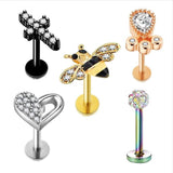 Miqiao 1 Set T-Bar Piercing Lip Zircon Ear Bone Stud 5 Pieces