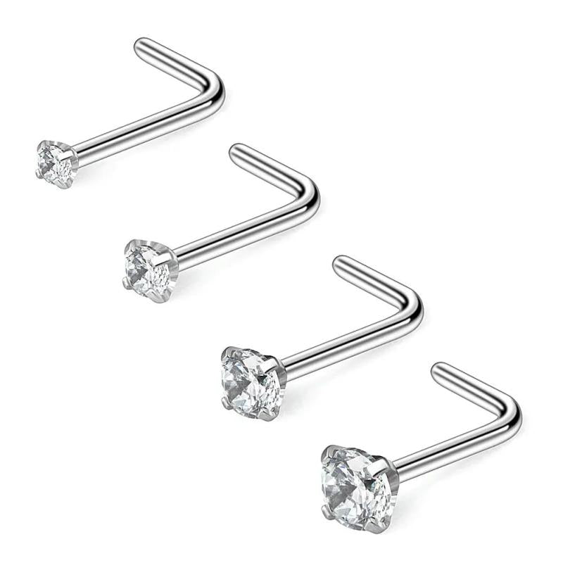 22G CZ Nose L-Shaped Studs Rings Piercing 4PCS