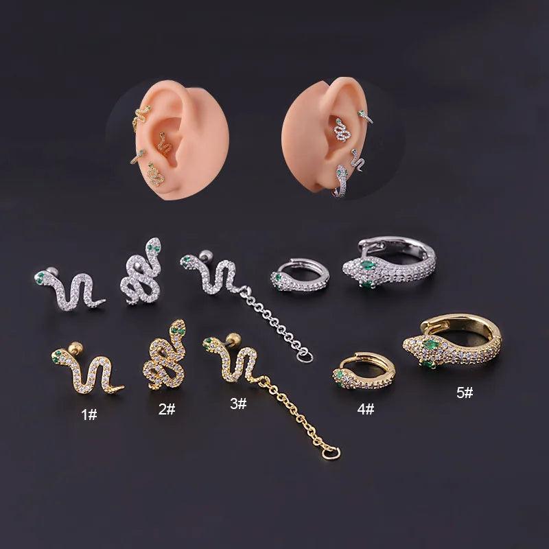 Leosoxs Stainless Steel Snake Ear Bone Stud Green Eyes Zircon Ear Accessories