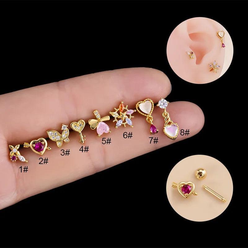 Pink Zircon Love Butterfly Flower Ear Bone Nails Cartilage Piercing Nails