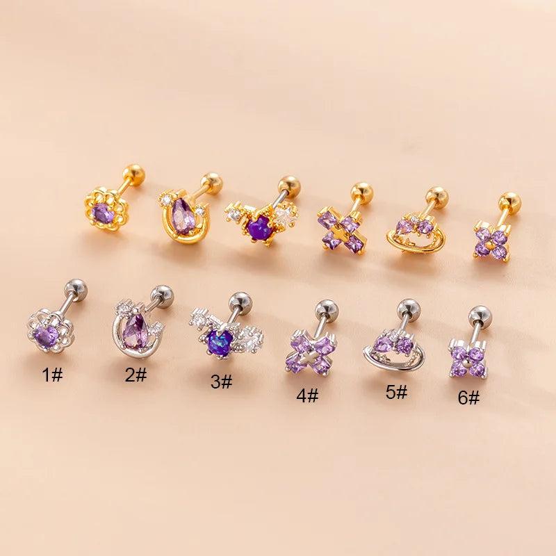 Purple Zircon Flower Cross Screw Stud Earrings