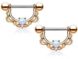 Opal Centered Filigree Drop Nipple Rings 14G Pair