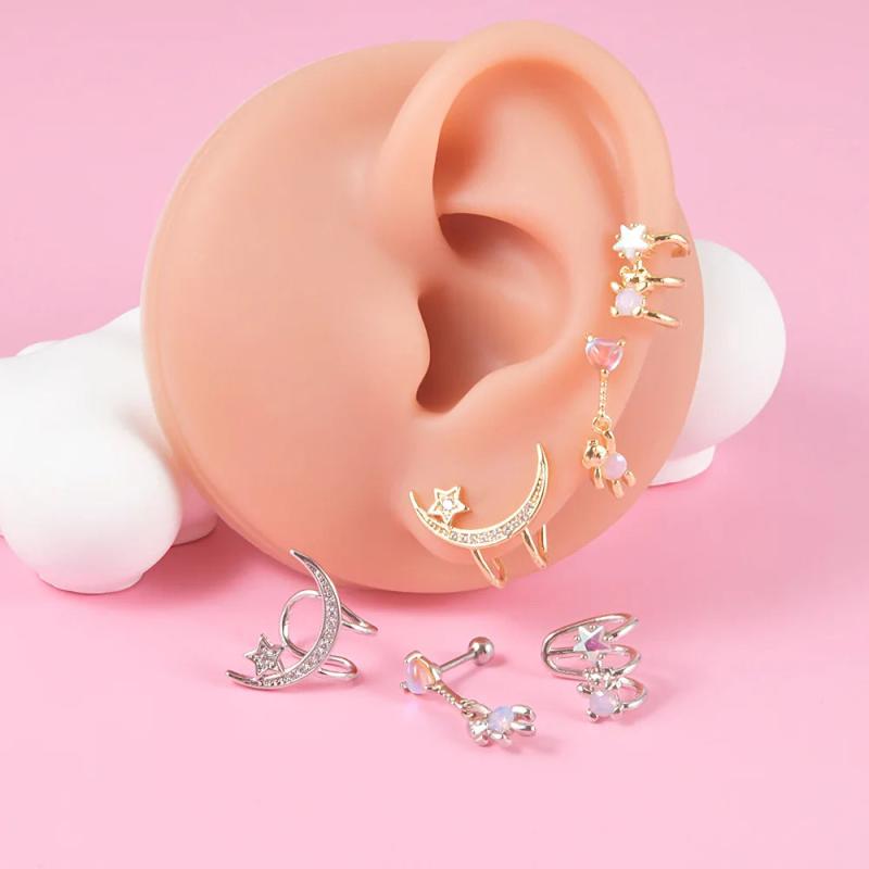 Five Star Moon Small Ear Clip Bear Pendant Stainless Steel Stud Earrings