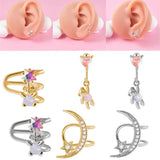 Five Star Moon Small Ear Clip Bear Pendant Stainless Steel Stud Earrings
