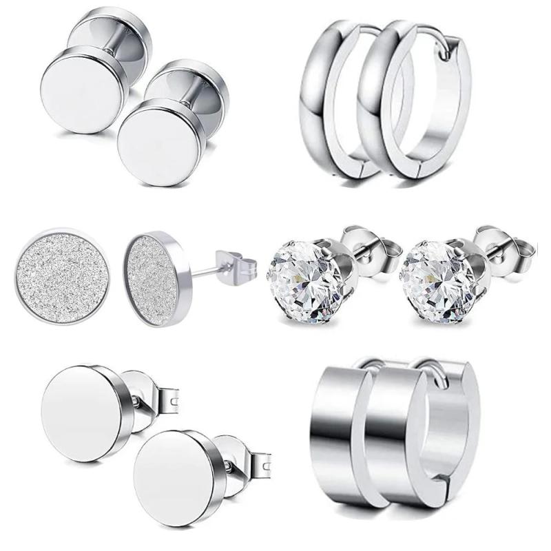6 Pairs Men Earrings Set Surgical Steel Ear Studs Punk Tragus Cartilage Jewelry