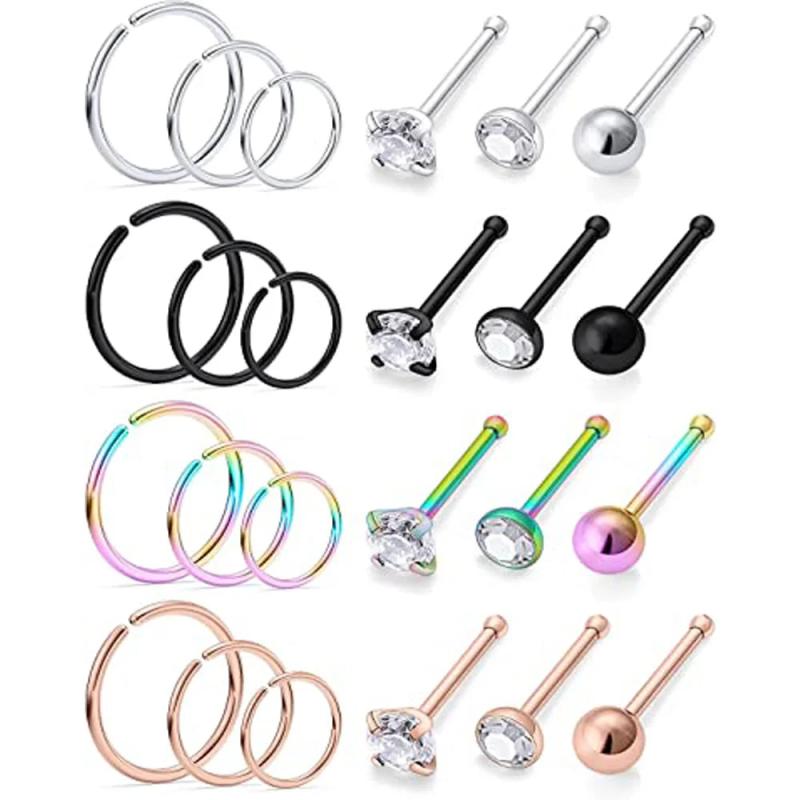 24 PCS 20G Colourful Nose Hoops Stainless Steel Zircon
