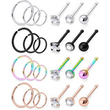 24 PCS 20G Colourful Nose Hoops Stainless Steel Zircon