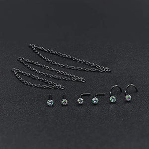 9 PCS Nose Ring Chain Zircon L-shaped Women's Body Jewelry
