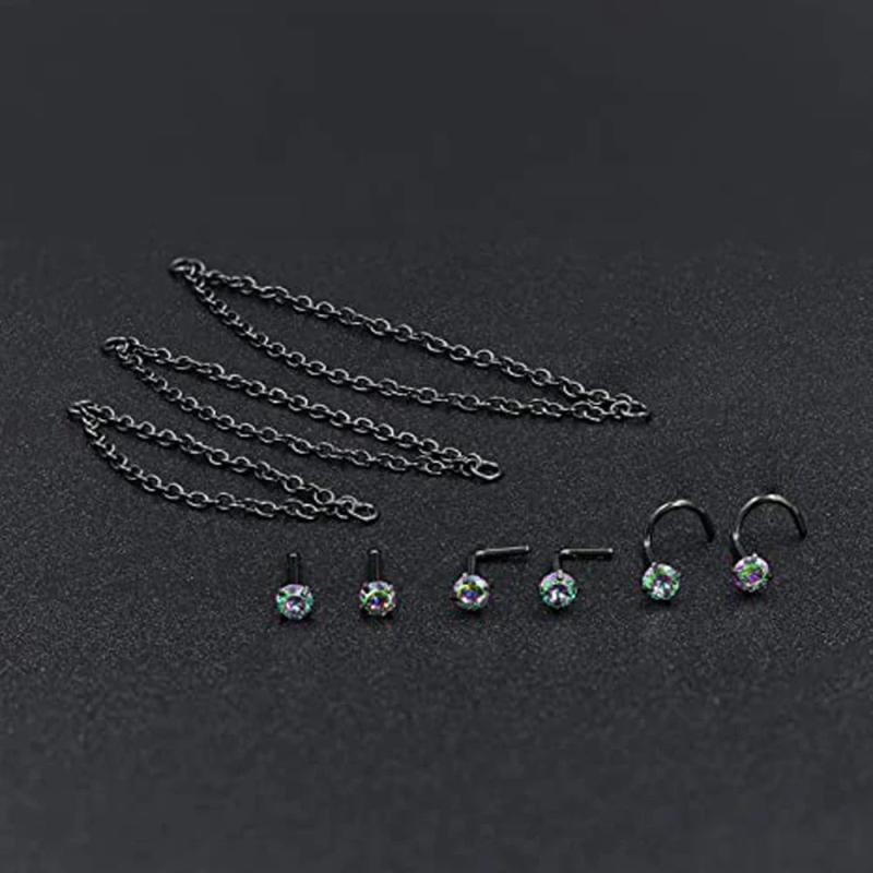9 PCS Nose Ring Chain Zircon L-shaped Women's Body Jewelry