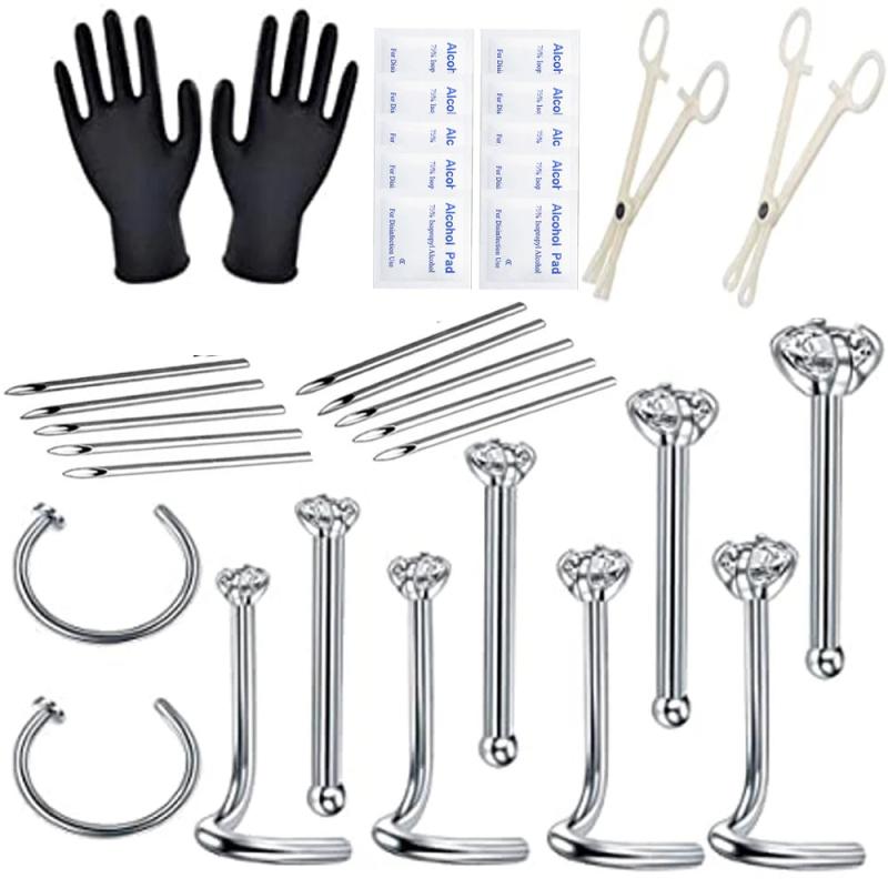 34Pcs Nose Piercing Kit Stainless Steel Needles Clamps Gloves Jewelry Set