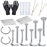 34Pcs Nose Piercing Kit Stainless Steel Needles Clamps Gloves Jewelry Set