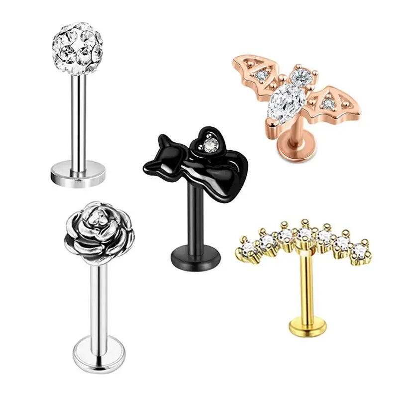 Zircon Lip Screw Stainless Steel T-bar Piercing 5 Pieces