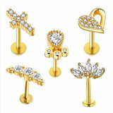 Zircon Lip Screw Stainless Steel T-bar Piercing 5 Pieces