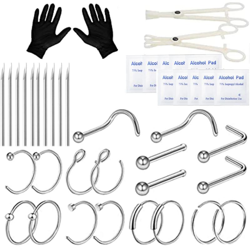 42 Pcs Nose Piercing Kit 20G 18G Stainless Steel Needles Clamps Gloves Jewelry