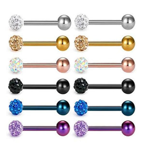 14G Tongue Ring Surgical Steel Czech Rhinestone Ball Nipple Piercing