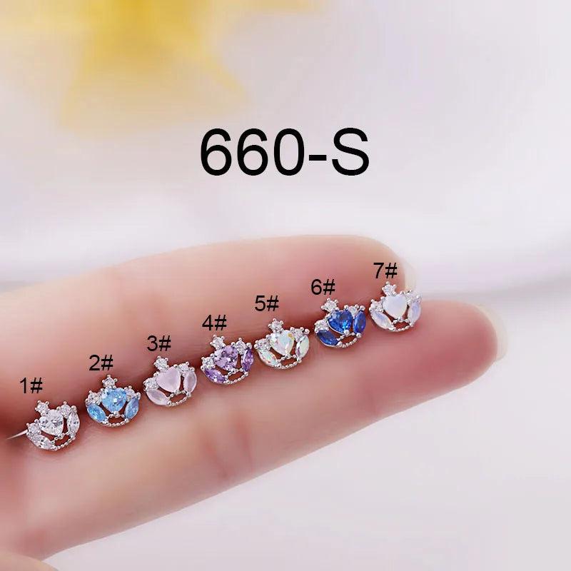 Titanium Steel Ear Stud Multi-color Love Crown Zircon
