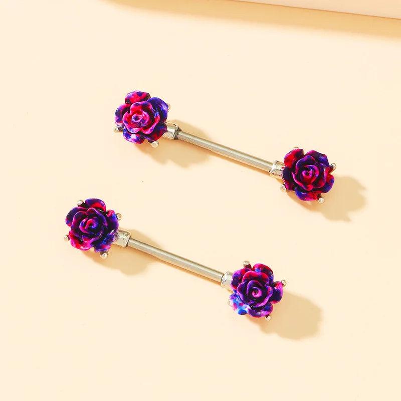 Purple Flowers Rose Nipple Rings Bar-bell Women's Body Accessories