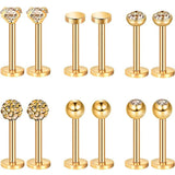 12PC Stainless Steel Zircon Barbell Tongue Nose Labret Piercing Kit
