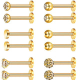 12PC Stainless Steel Zircon Barbell Tongue Nose Labret Piercing Kit
