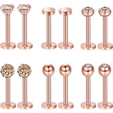 12PC Stainless Steel Zircon Barbell Tongue Nose Labret Piercing Kit