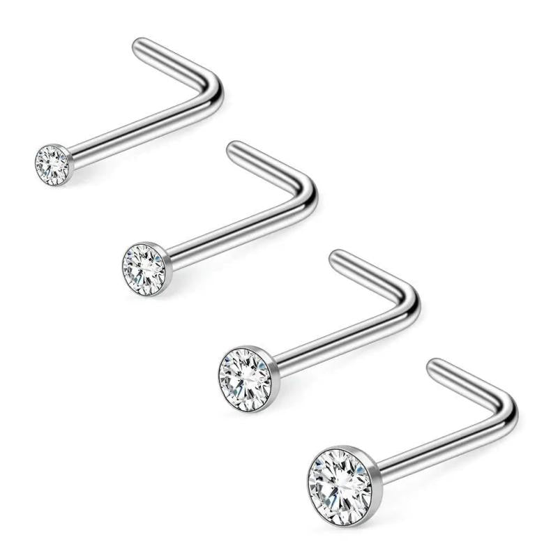 20G 1.5mm-3mm Clear CZ Nose L Studs Rings 4PCS