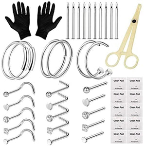 44 Pcs Nose Rings Kit with Needles, Clamps, Studs & Nail for Body Jewelry
