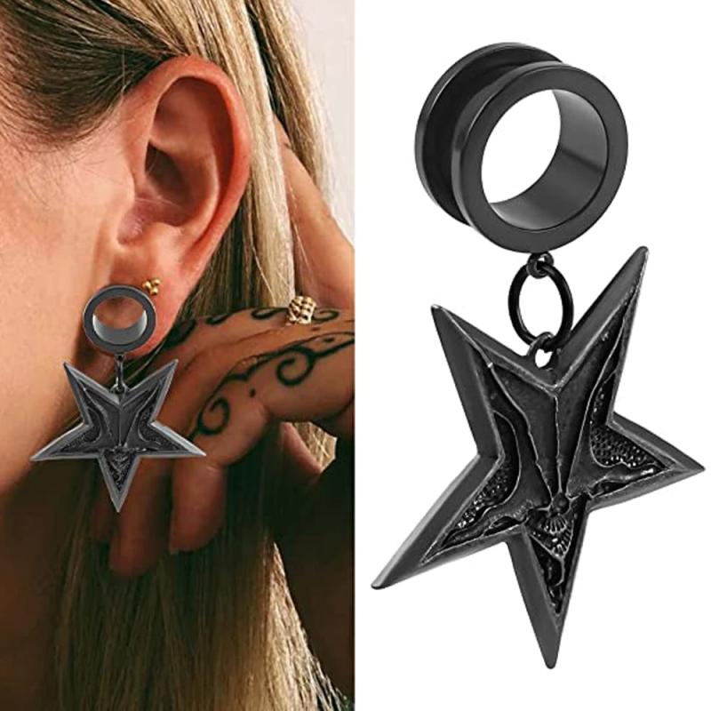 Star-Pendant Stainless Steel Ear Plugs Dangle Gauges Pair