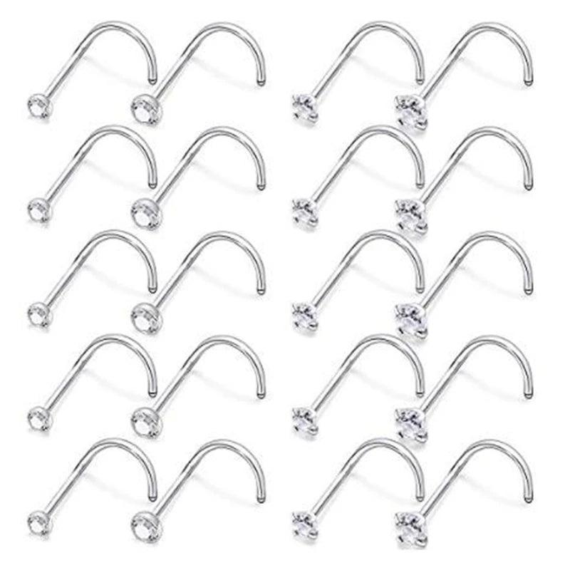 20-Pk 22G Nose Studs 316L Surgical Steel CZ Crystal Nostril Piercing Jewelry