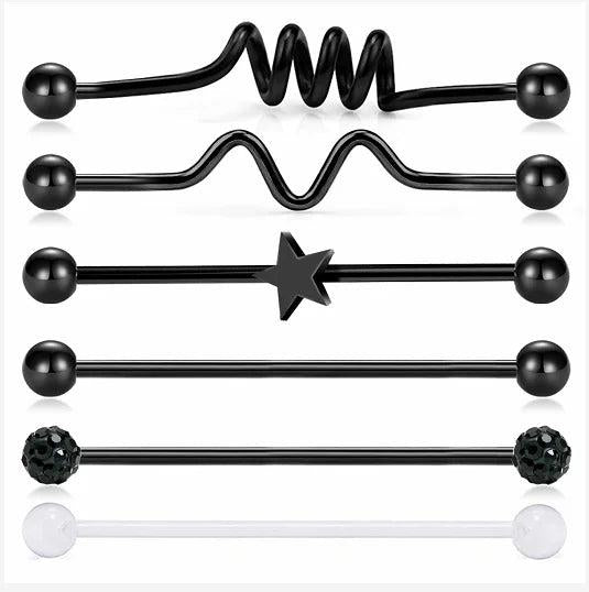 6PCS Industrial Barbell Earring Stainless Steel 14G 1 1/2 Inch - Coil, Wave
