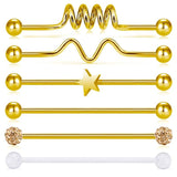 6PCS Industrial Barbell Earring Stainless Steel 14G 1 1/2 Inch - Coil, Wave
