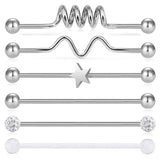 6PCS Industrial Barbell Earring Stainless Steel 14G 1 1/2 Inch - Coil, Wave