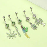 5 Pcs Green Crystal Leaf Turtle Dangle Belly Button Ring Set
