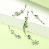 5 Pcs Green Crystal Leaf Turtle Dangle Belly Button Ring Set