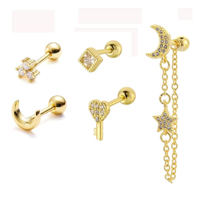 6 Pcs Stainless Steel Star Moon Cartilage Earrings for Women Ear Piercing