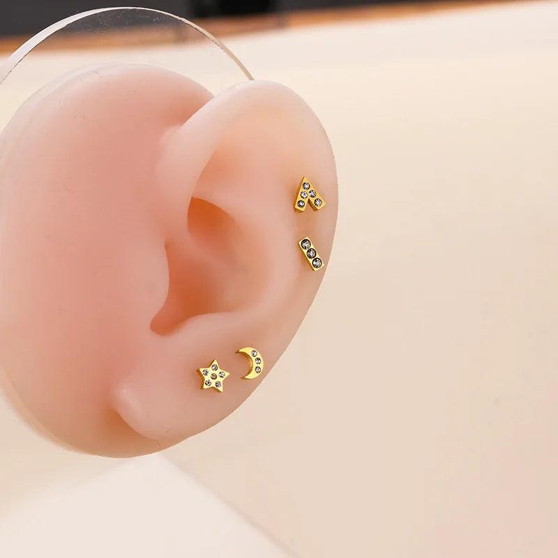 Stainless Steel Zircon Starmoon Cartilage Earrings Thin Rod Screw Set