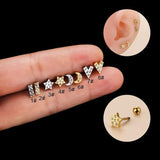 Stainless Steel Zircon Starmoon Cartilage Earrings Thin Rod Screw Set