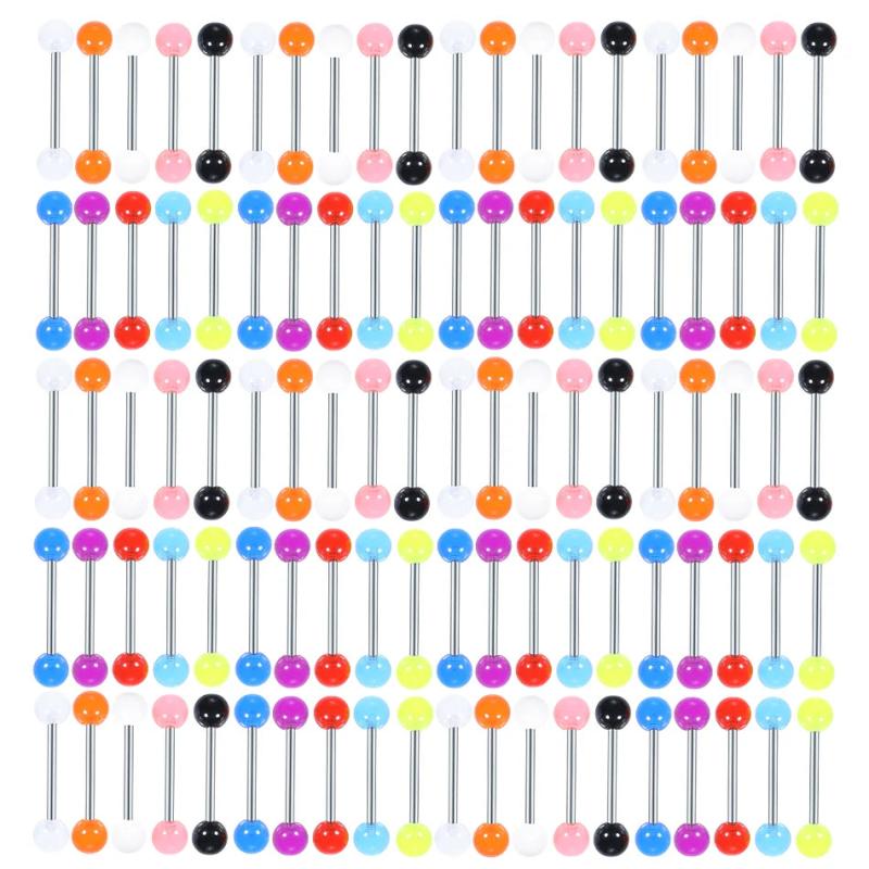 100Pcs Acrylic Tongue Piercing Surgical Steel Bar Body Jewelry Gift 14G