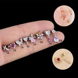 Love Butterfly Flowers Pink Zircon Ear Nails Thread Cartilage Piercing