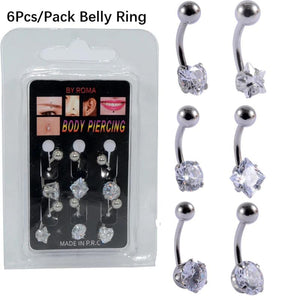 6Pcs Zircon Navel Piercing Steel Heart Belly Button Rings