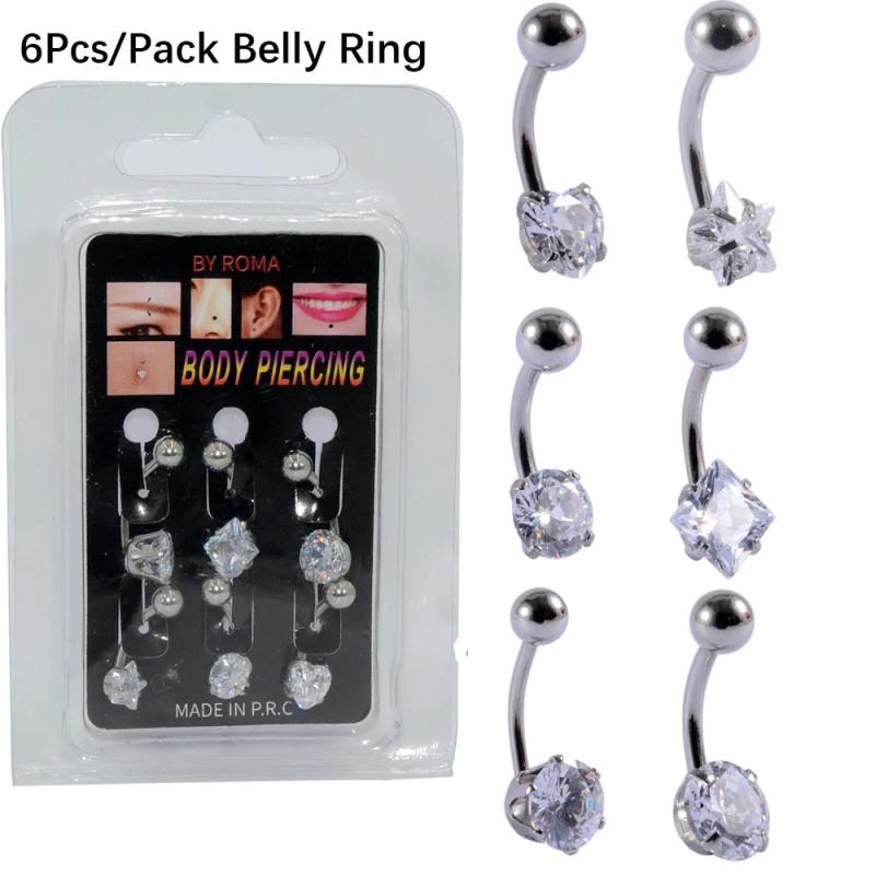 6Pcs Zircon Navel Piercing Steel Heart Belly Button Rings