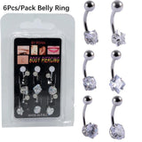6Pcs Zircon Navel Piercing Steel Heart Belly Button Rings