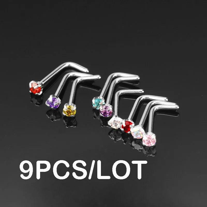 9PCS Zircon Crystal Nose Rings Nose Studs L Shape Nose Piercing Jewelry 20G