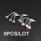 9PCS Zircon Crystal Nose Rings Nose Studs L Shape Nose Piercing Jewelry 20G