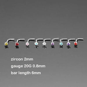 9PCS Zircon Crystal Nose Rings Nose Studs L Shape Nose Piercing Jewelry 20G