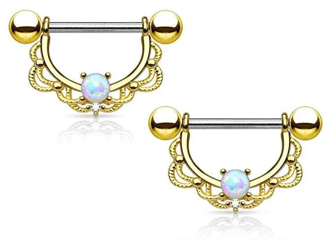 Opal Centered Filigree Drop Nipple Rings 316L Stainless Steel 14G (Pair)