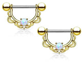 Opal Centered Filigree Drop Nipple Rings 316L Stainless Steel 14G (Pair)