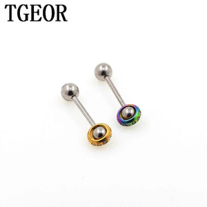 14G Circle Gem Crystals Tongue Barbell Stainless Steel Piercing Tongue Ring