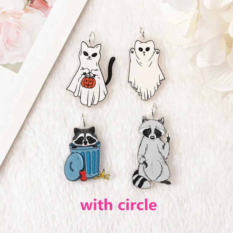 8Pcs Raccoon Charms Ghost Cat Earring Keychain Pendant Necklace DIY