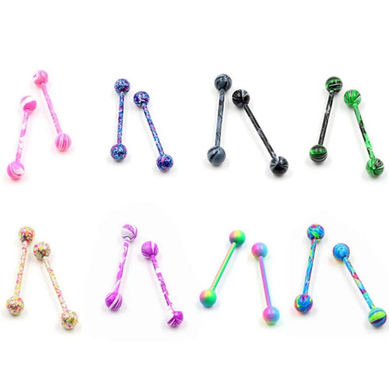 10Pcs Colorful Glitters Tongue Rings  Surgical Steel Unisex Tongue Studs
